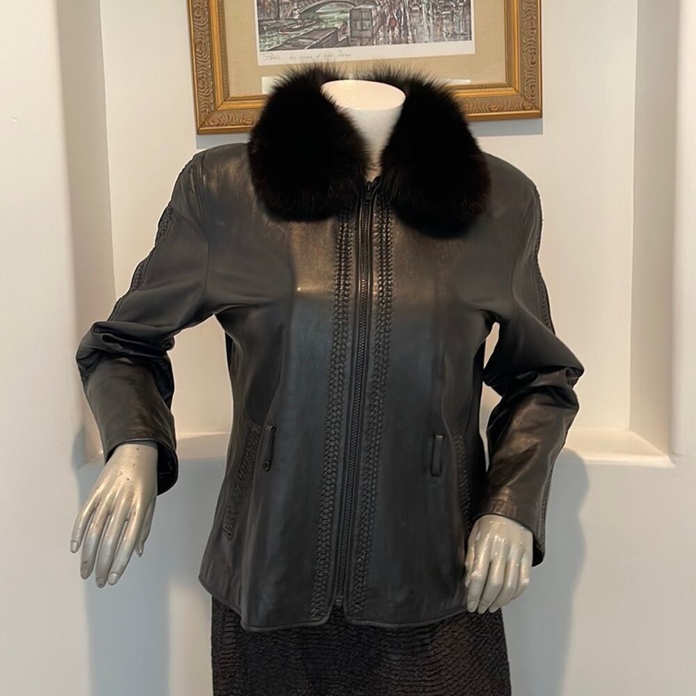 Chosen Couture Leather/Finland Dyed Fox Fur Trim Black Jacket Size L